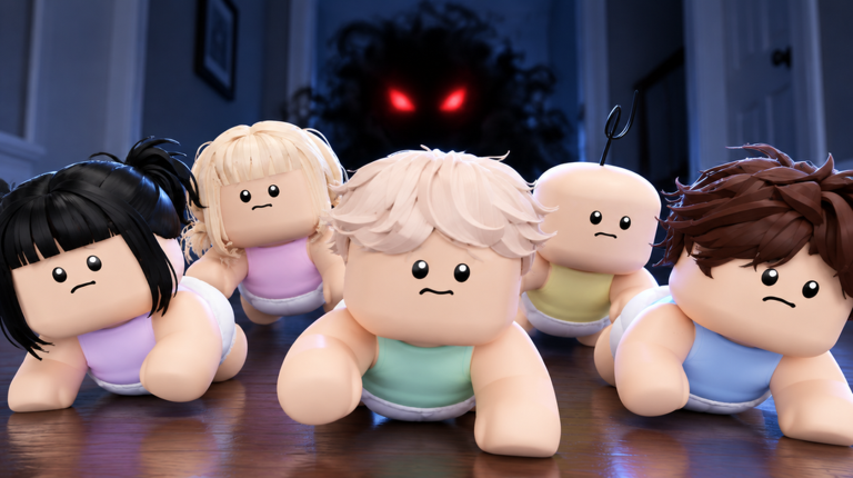 Five babies crawl along a hallway with a red-eyed shadow behind them.